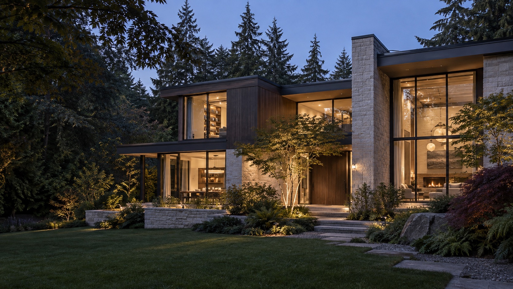Architectural concept: a modern Pacific Northwest home with natural stone, warm wood and glowing windows